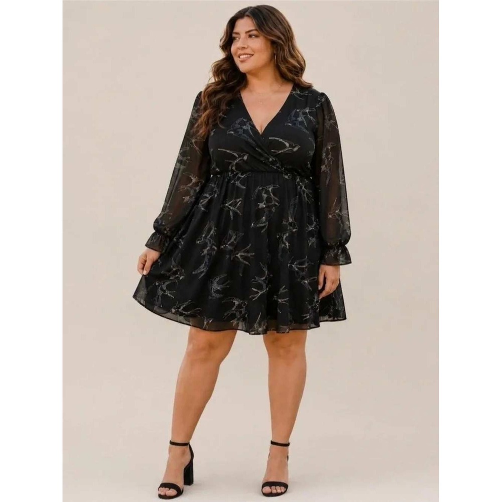 Torrid Black Swallow Bird Print Mini Dress Sheer Sleeve Empire Waist Babydoll 5
